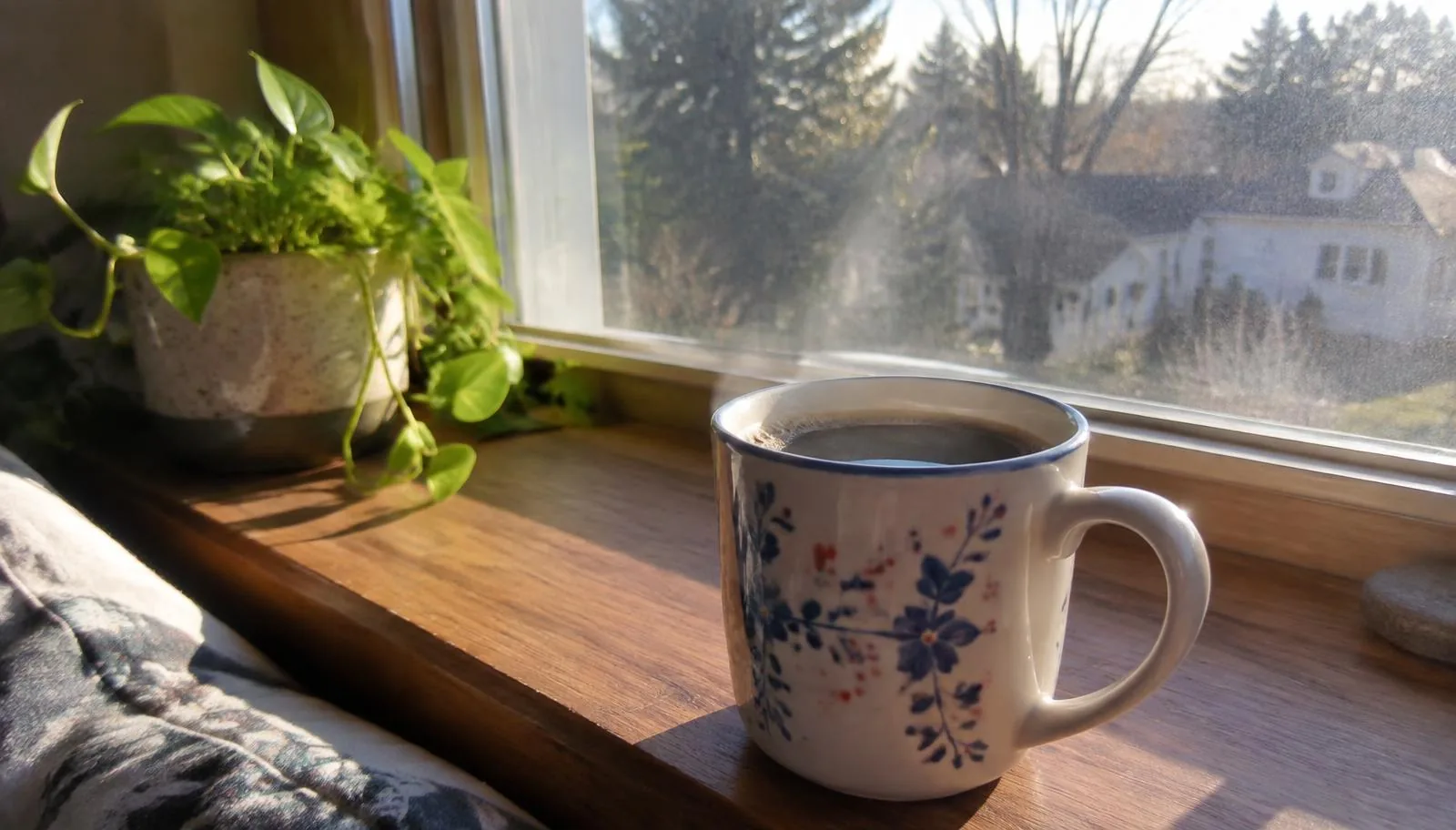 A floral mug of coffee steaming on a sunny wooden windowsill next to a trailing plant
