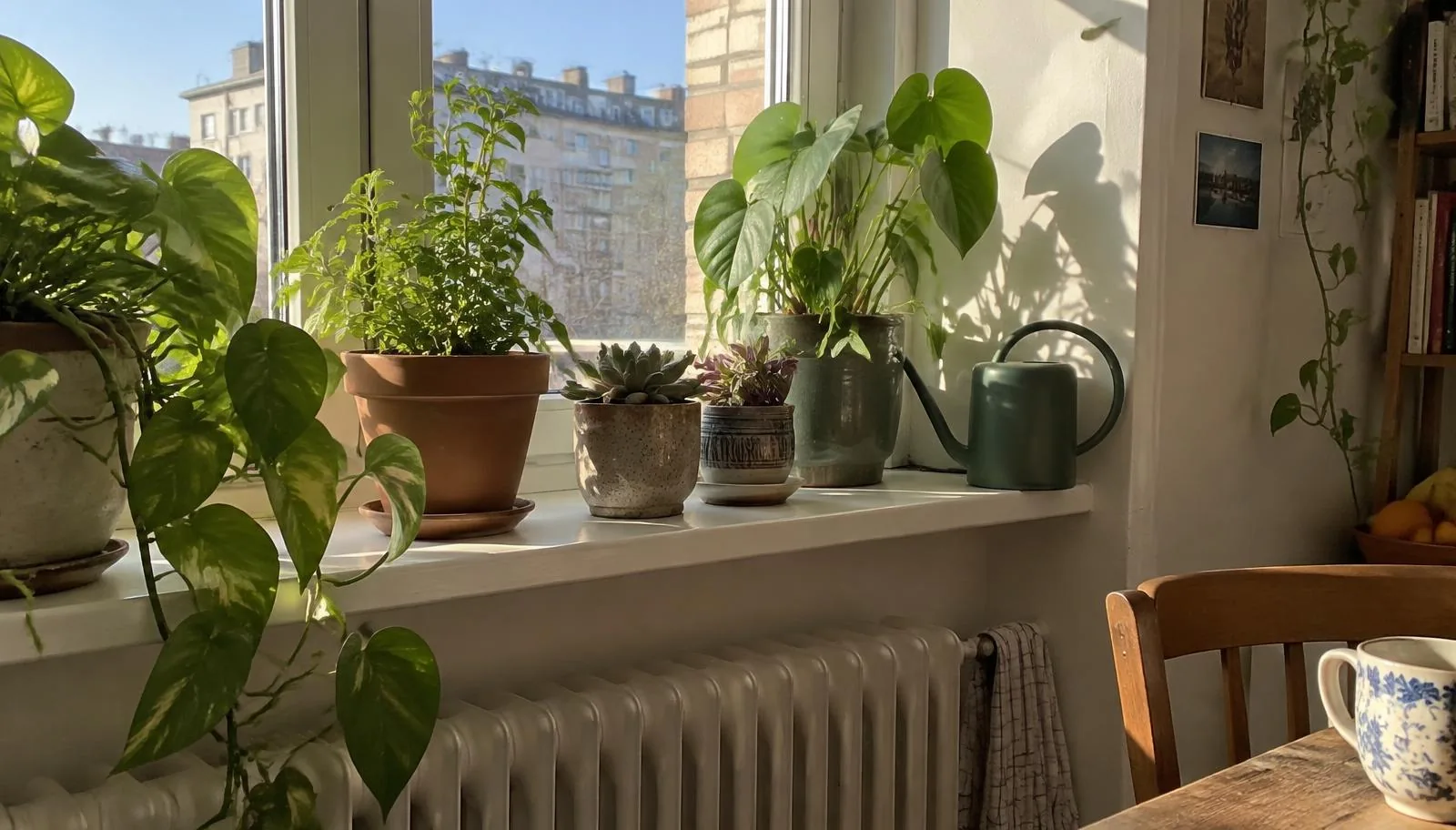 Houseplants in mismatched pots crowded on a sunny windowsill beside a green watering can